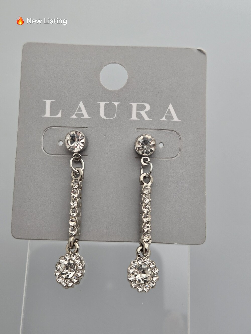 ✨2/$10✨ Laura Rhinestone Linear Drop Pierced Earrings Crystal Flower 1.5" New